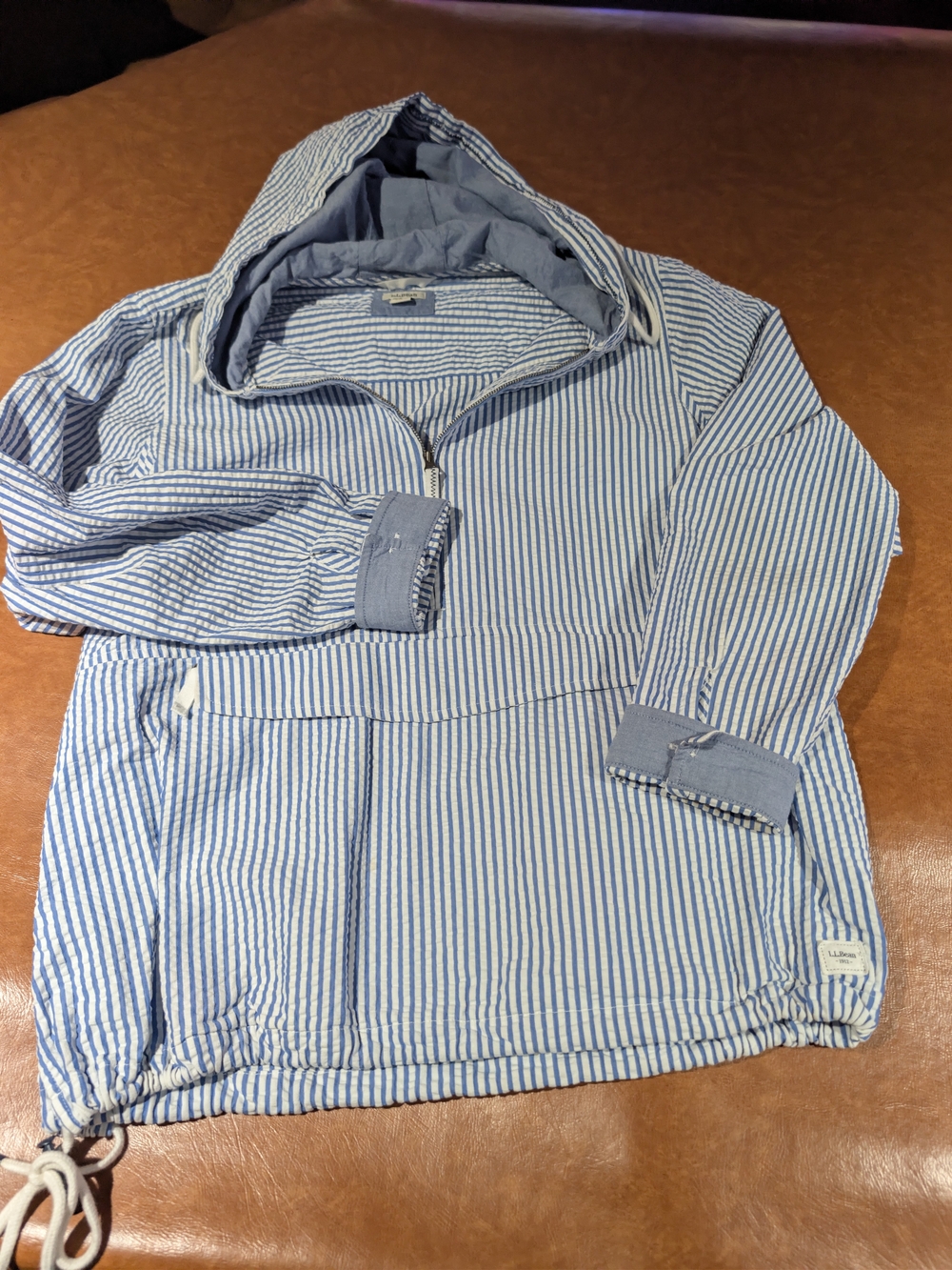 L.L. Bean Blue and White Striped Half-Zip Hooded Sweater